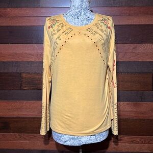No Brand Tag Scoop Neck Long Sleeve Gold Floral Tee Shirt